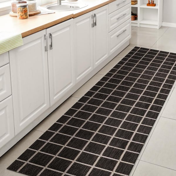 Grid Modern Squares Dark Gray/Cream 2 ft. x 8 ft. Indoor/Outdoor Runner Rug