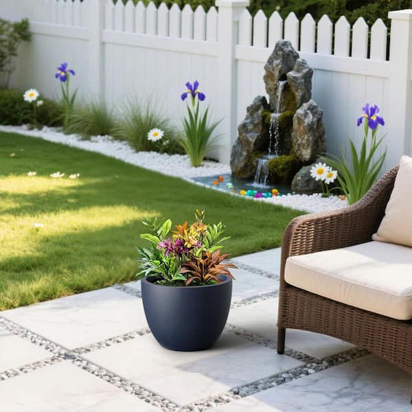 17 in. Medium Navy Blue Concrete Round Planter/ Pot (Upgraded Interior) with Drainage Holes
