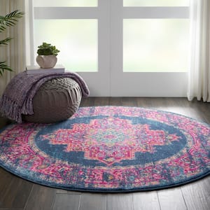 Passion Blue 5 ft. x 5 ft. Bordered Transitional Round Rug