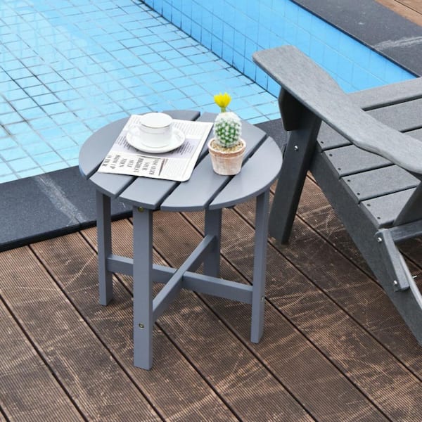 18 in. Gray Round Wood Outdoor Patio Side Slat End Coffee Table for Garden