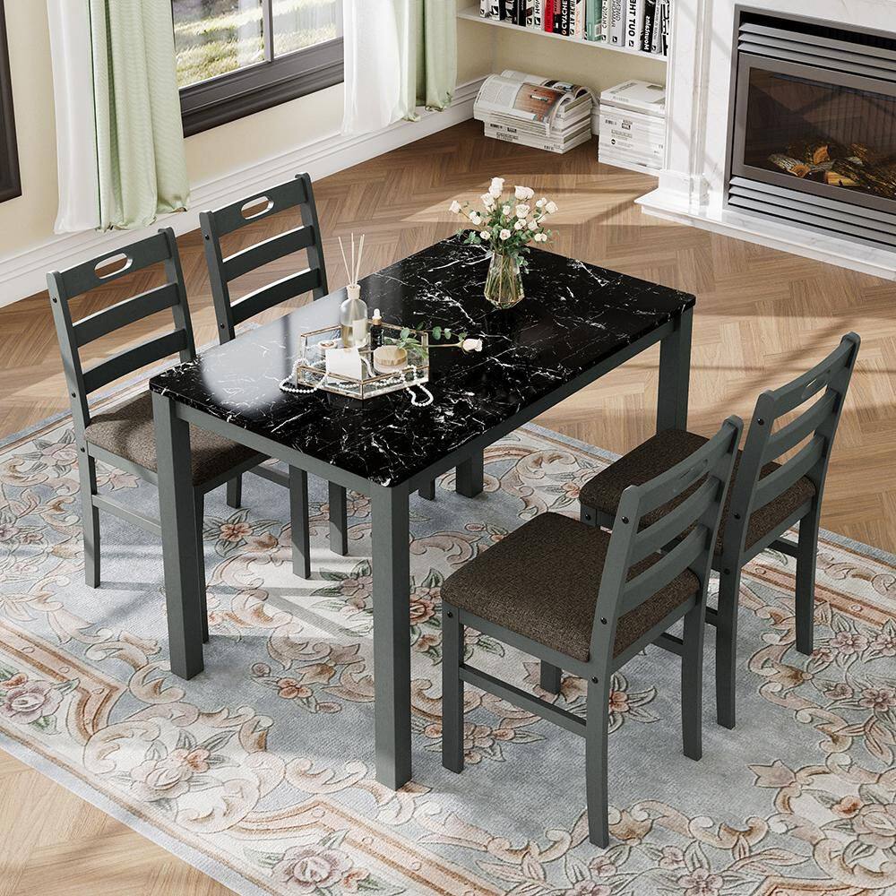 5-Piece Rectangular Veined Black Faux Marble Top Gray Frame Dining Table Set with Thick Fabric Cushion Chairs Seats 4