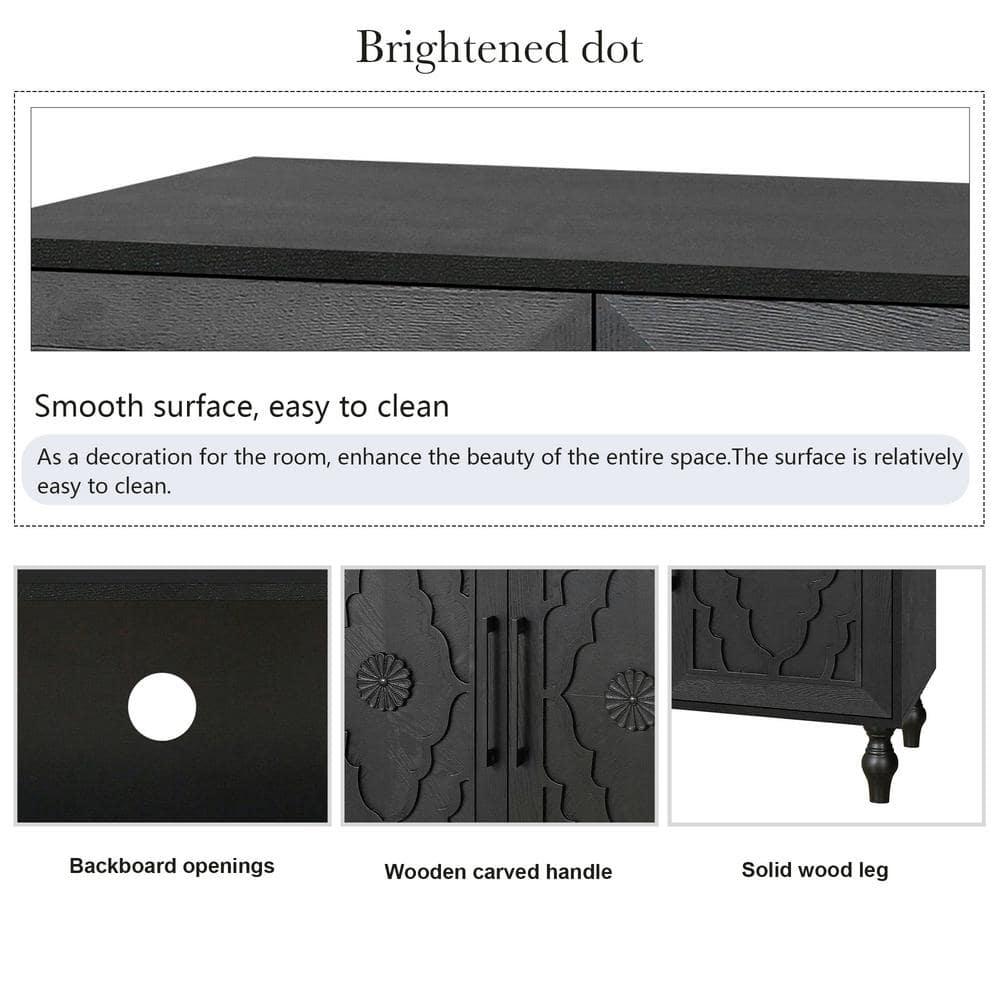 Black 63" MDF Sideboard with Carved Flower Doors and Metal Handles