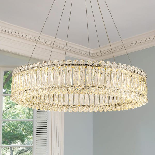 LamQee 31.5 in. 1-Light Chrome Integrated LED Drum Chandelier with Crystal Accents