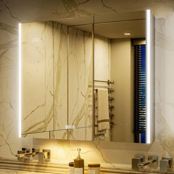 36 in. W x 30 in. H Rectangular Aluminum Surface/Recessed Wall Medicine Cabinet with Mirror and Light, Dimmable