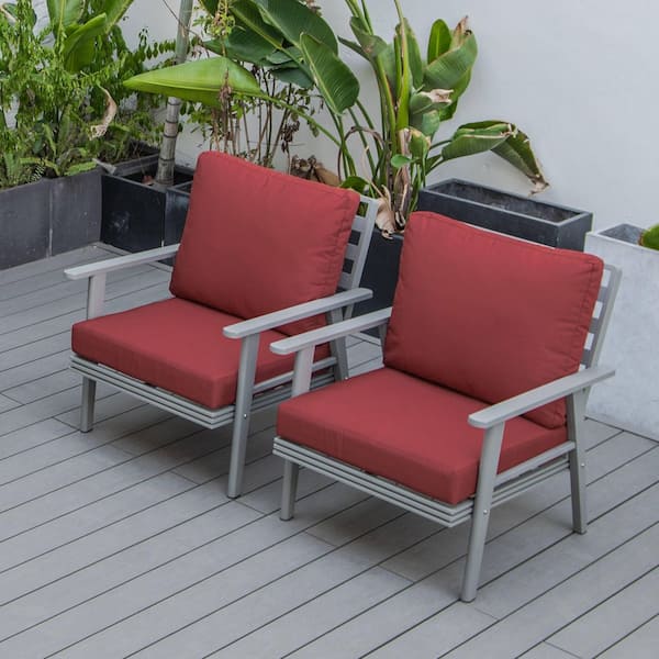 Leisuremod Walbrooke Modern Grey Outdoor Arm Chair with Powder Coated Aluminum Frame and Removable Cushions in Red Set of 2