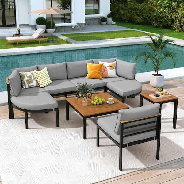 6-Piece Black Metal Patio Conversation Set with Gray Cushions and 1 Coffee Table