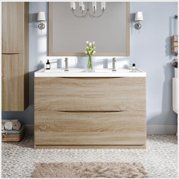 Eviva Smile 48 in. Double Sink White Oak Floating Bath Vanity with White Acrylic Top (Assembled)