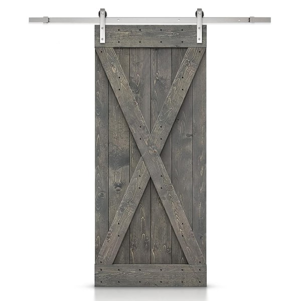 CALHOME X Series 36 in. x 84 in. Solid Weather Gray Stained DIY Knotty Pine Wood Interior Sliding Barn Door with Hardware Kit