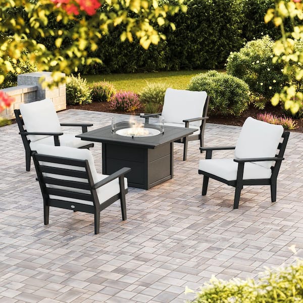 POLYWOOD Grant Park Black 5-Piece Deep Seating Fire Pit Patio Set with Natural Linen Cushions