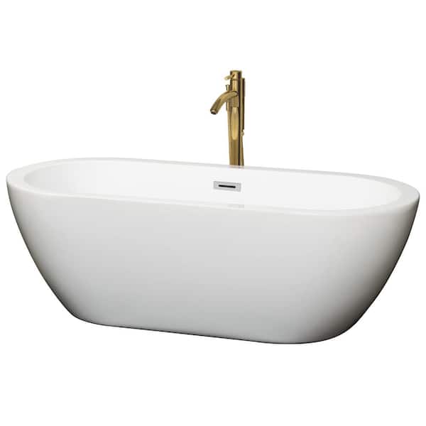 Wyndham Collection Soho 68 in. Acrylic Flatbottom Bathtub in White with Polished Chrome Trim and Brushed Gold Faucet