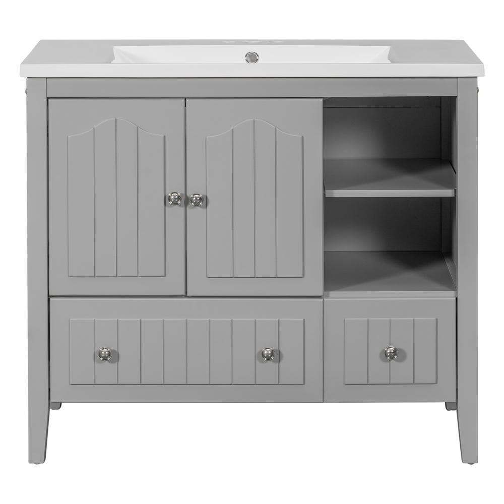 36 in. W x 18 in. D x 32 in. H Freestanding Bath Vanity in Gray with White Ceramic Top and Metal Handles price history on PriceWatchPro