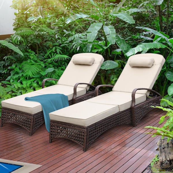 2-Piece Metal Wicker Outdoor Chaise Lounge with Khaki Cushions and Armrest