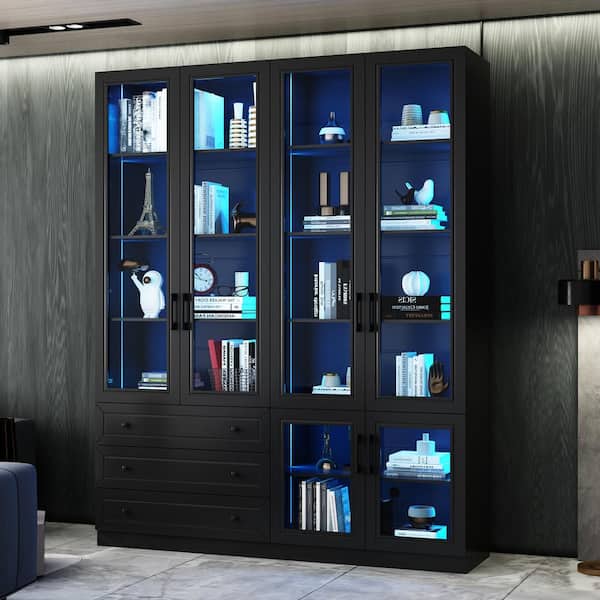 FUFU&GAGA Black Paint Finish Wood 78.7 in. H Accent Cabinet with Tempered Glass Doors, LED Lights, Drawers, Adjustable Shelves