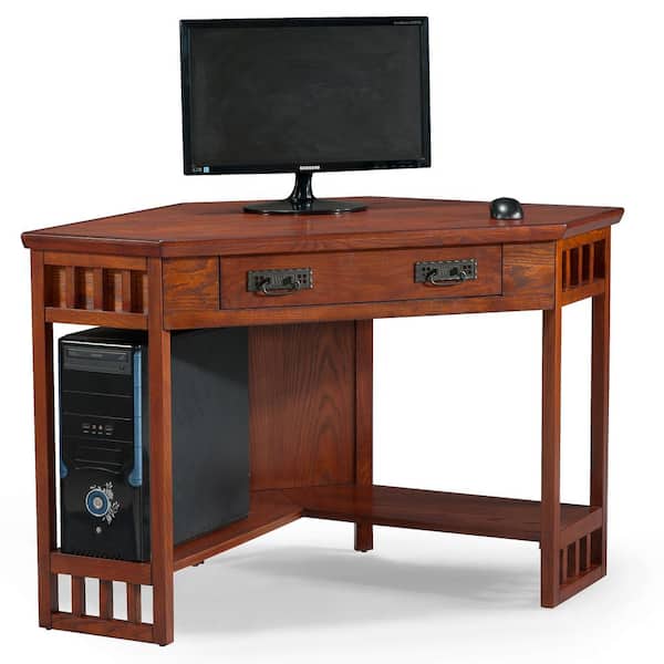 Leick Home 48 in.Mission Oak Corner Computer Writing Desk with Drop Front Keyboard Drawer