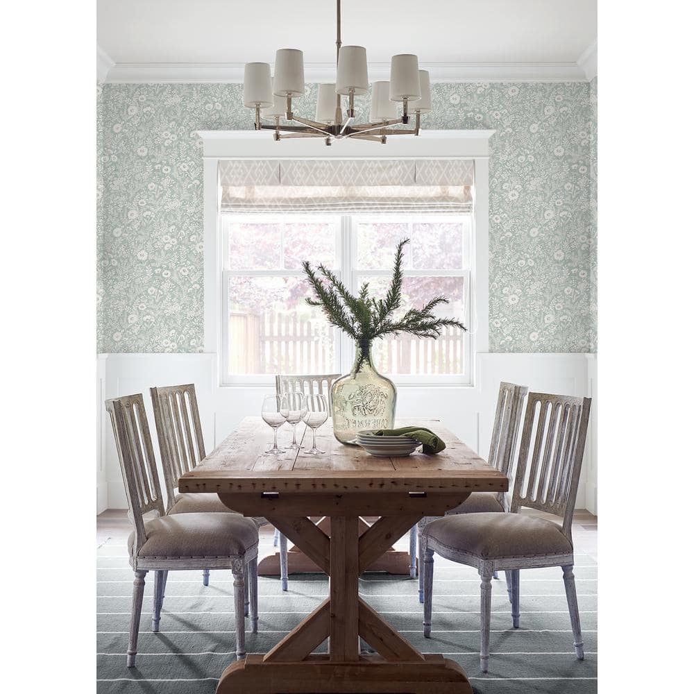 Seafoam and White Floral Pre-pasted Washable Wallpaper