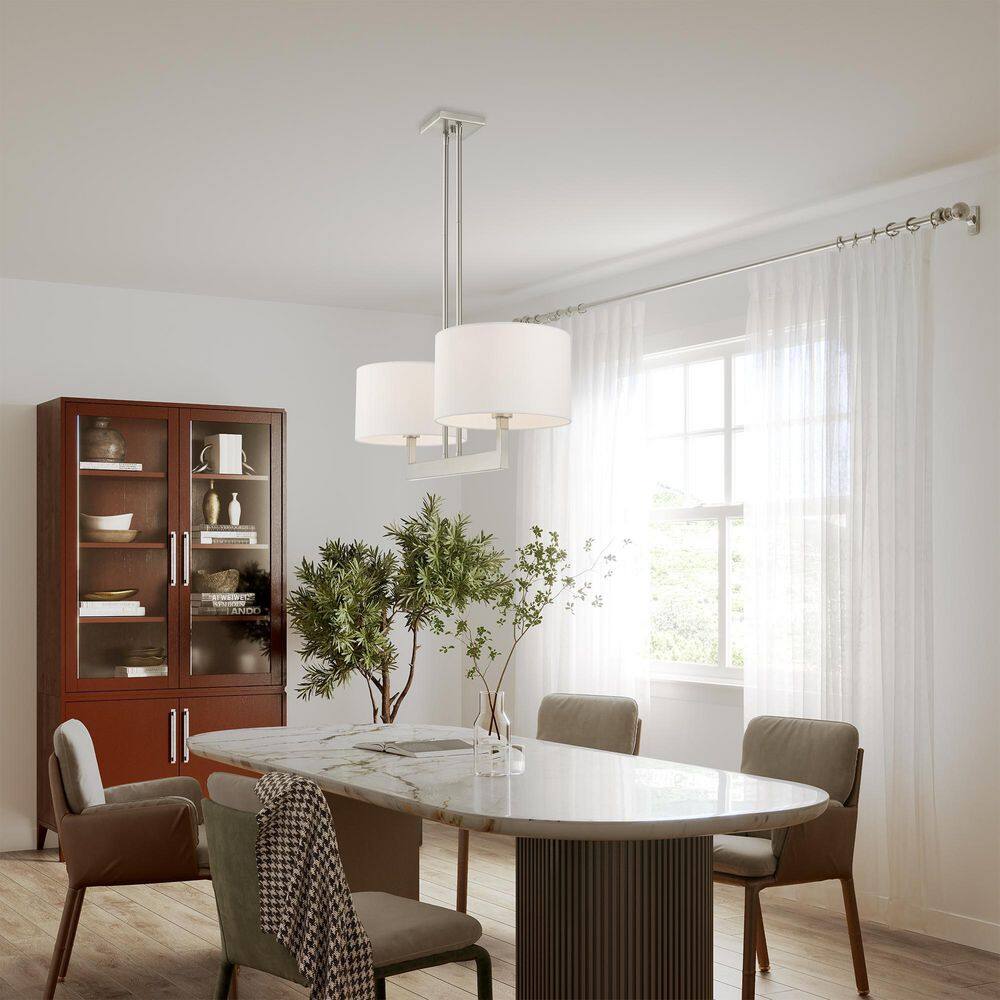 Brushed Nickel Contemporary 2-Light Drum Chandelier with Off-White Shade