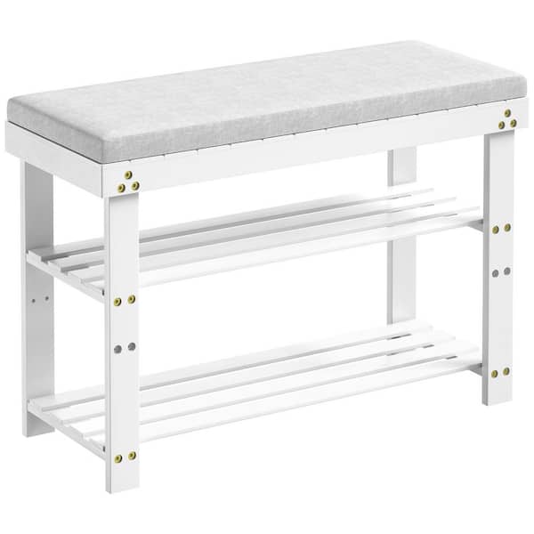 Tileon 3-Tier Kitchen Pantry with Cushion and Adjustable Shelves, Bamboo Shoe Bench for Hallway Entryway and Living Room, White