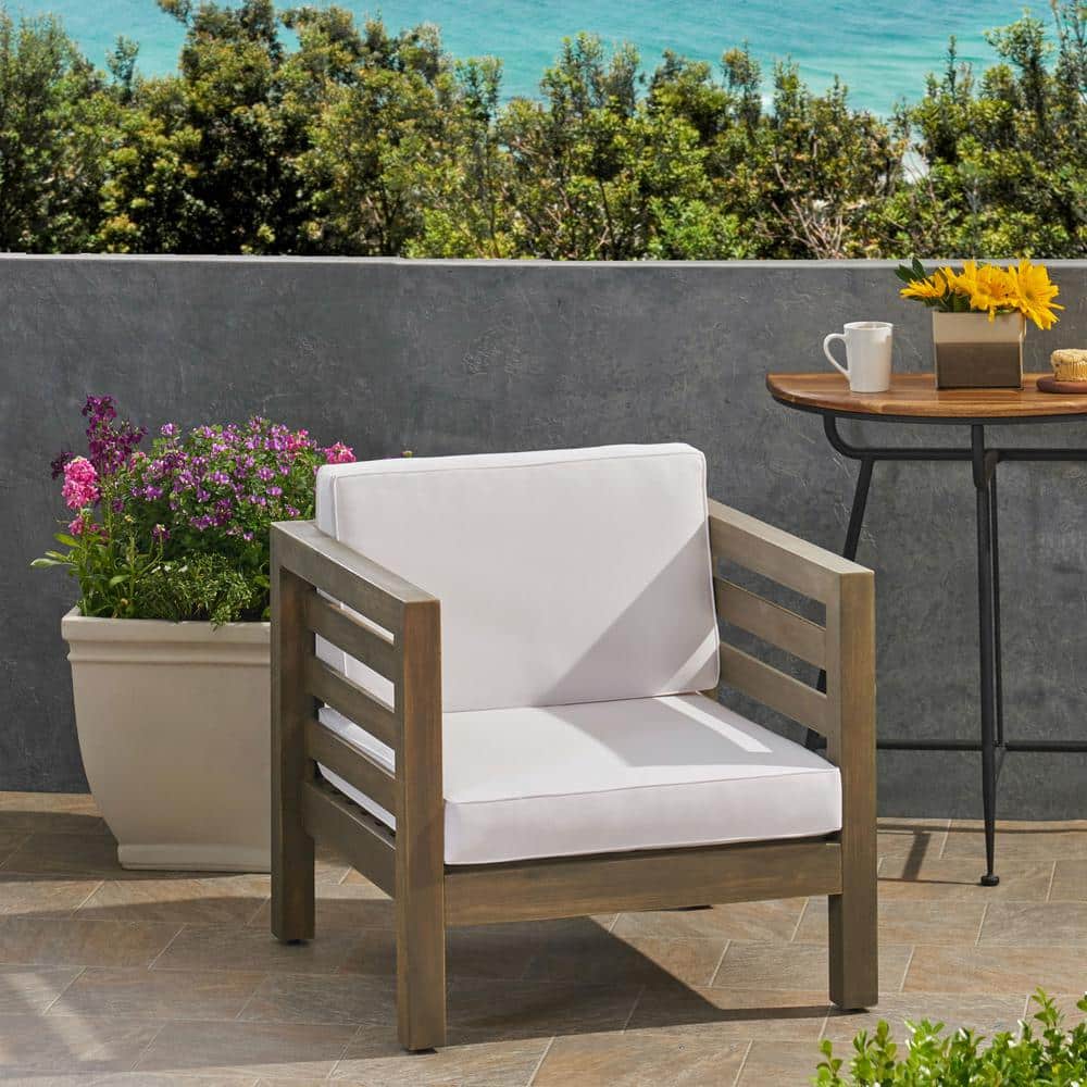 Mid-Century Modern Acacia Wood Lounge Chair with Gray and White Cushions