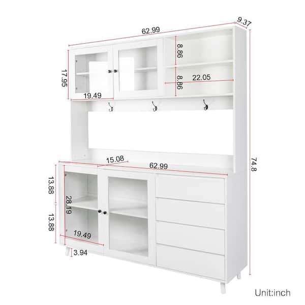 White Wood 63 in. W Large Kitchen Pantry Cabinet with 4 Doors, 4