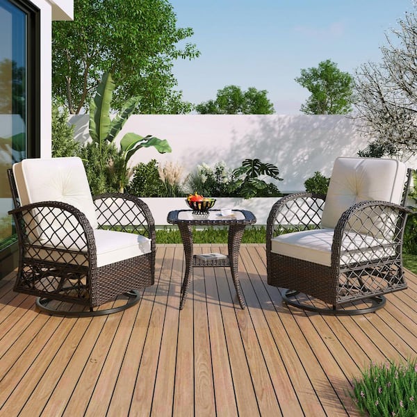 Harper & Bright Designs 3-Piece Brown Wicker Outdoor Bistro Swivel Chair Conversation Set with Beige Cushions, Tempered Glass-Topped Side Table