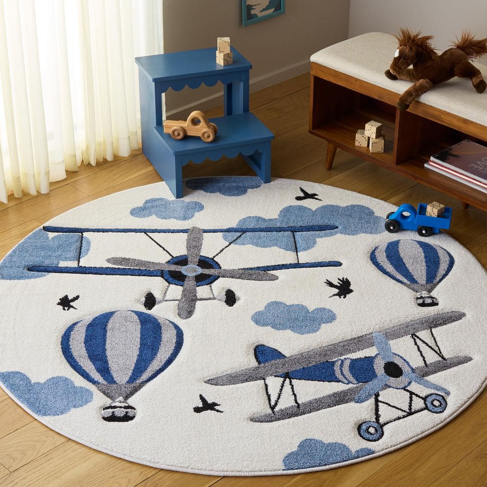 Carousel Kids 5 ft. x 5 ft. Round Ivory/Blue Helicopter Area Rug price history on PriceWatchPro