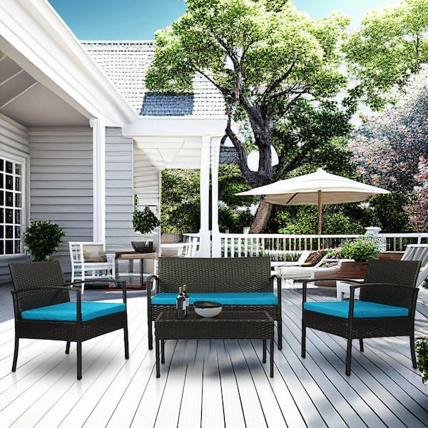 THY-HOM Nice 4-Piece Black Wicker Patio Conversation Set Rattan Outdoor Seating Group with Blue Cushions
