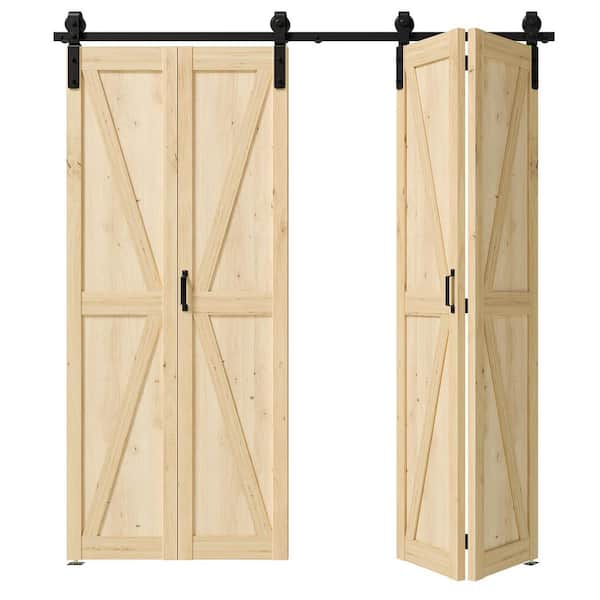 72 in. x 84 in. K-Shape Primed Pine Wood Bi-Fold Style Sliding Barn Door Slab with Hardware Kit