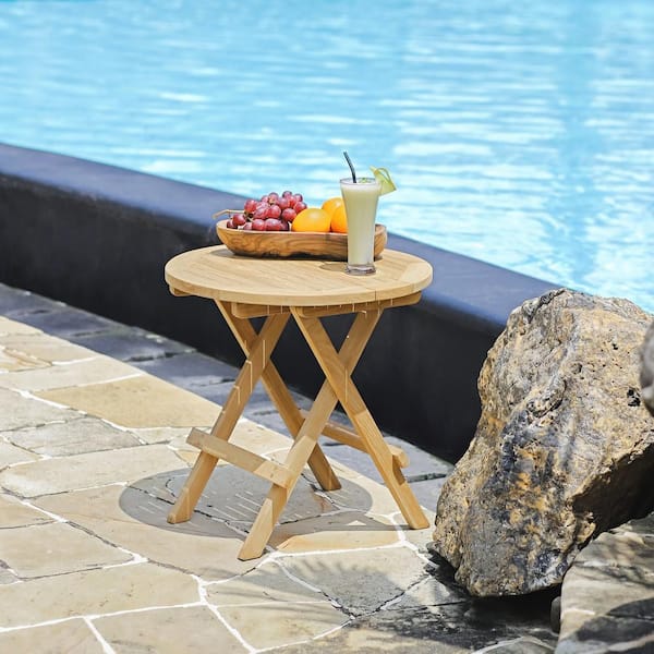 ⑤マーサスチュワート Teak Wood 20 in. Round Folding Outdoor Side Table, Patio Slatted