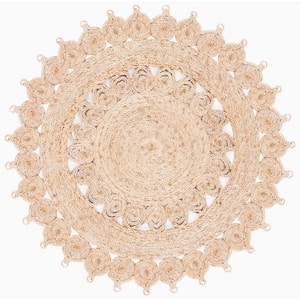 Natural Fiber Beige 4 ft. x 4 ft. Woven Floral Round Area Rug