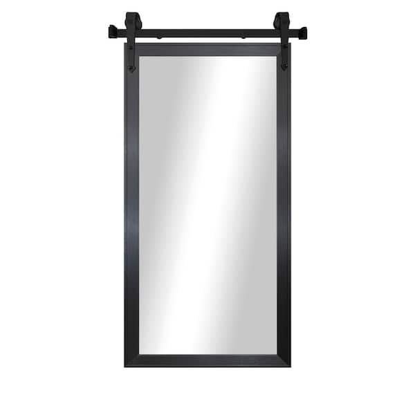 (33 in. W x 66 in. H) Black Steel Modern Rustic Vertical Mirror with Steel Barn Door Rail