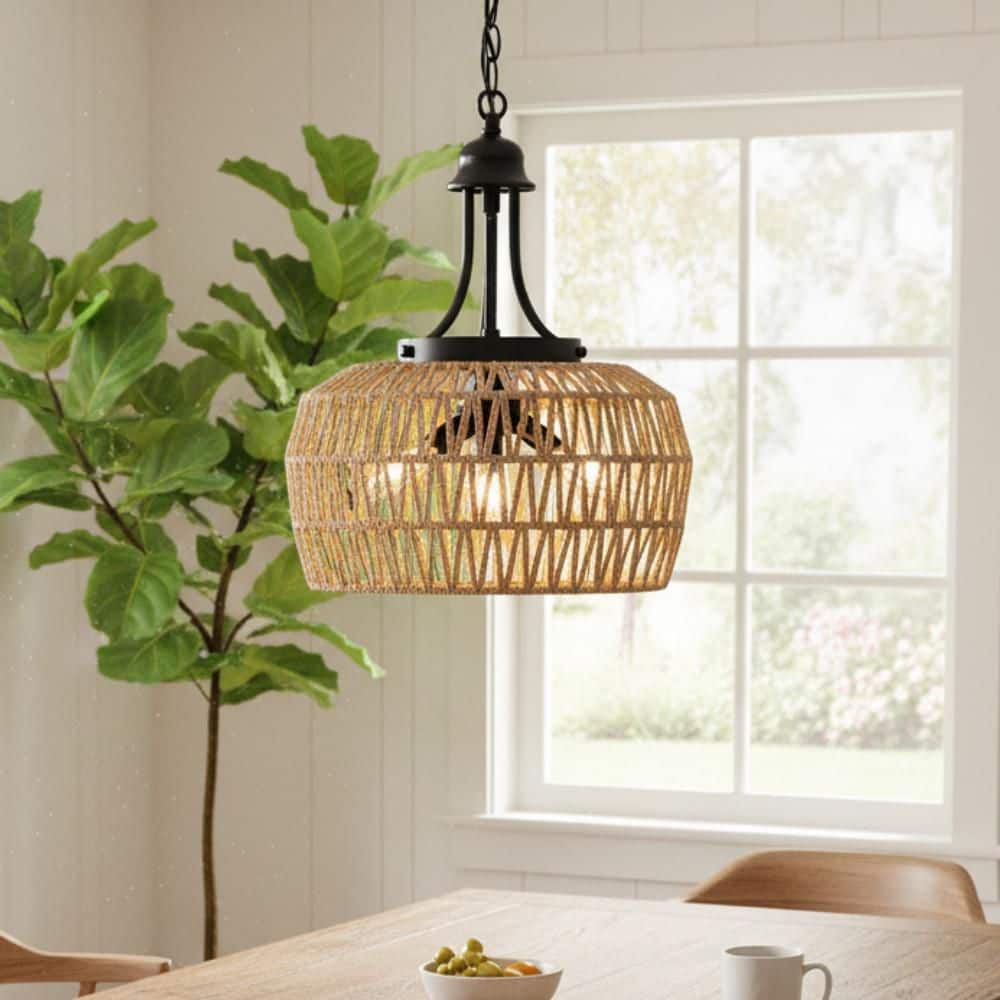 Rattan Pendant Light – 12.6 Inch Boho Handmade Woven Hanging Lamp For Kitchen Island, Bedroom, Living Room & Coastal Decor