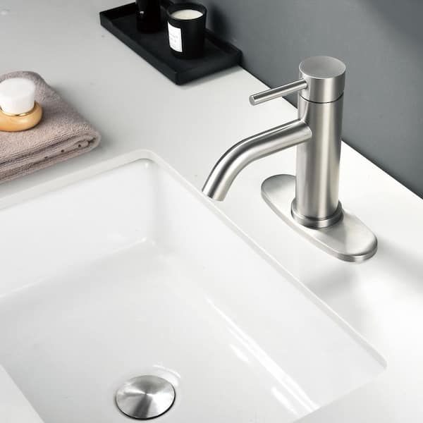 Single Handle Single Hole Bathroom Sink Faucet with Deck Plate and Pop-Up Drain Kit in Spot Resistant Brushed Nickel