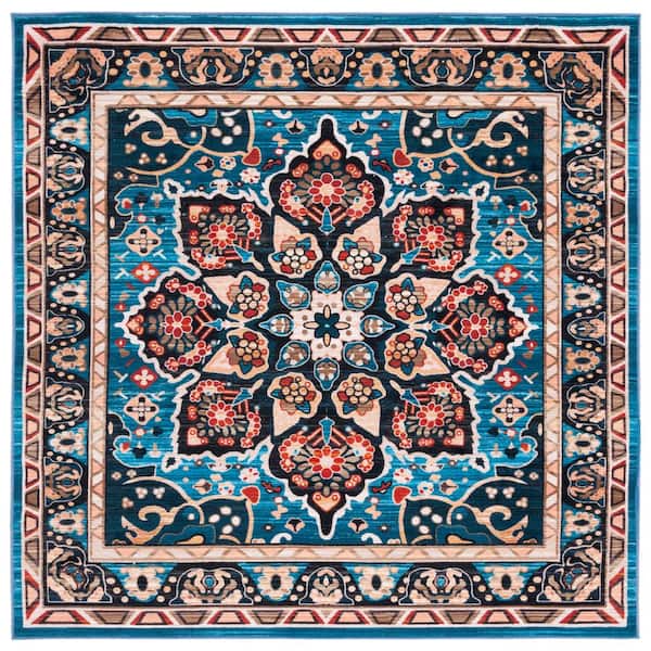 Riviera Blue/Black 7 ft. x 7 ft. Machine Washable Medallion Border Square Area Rug
