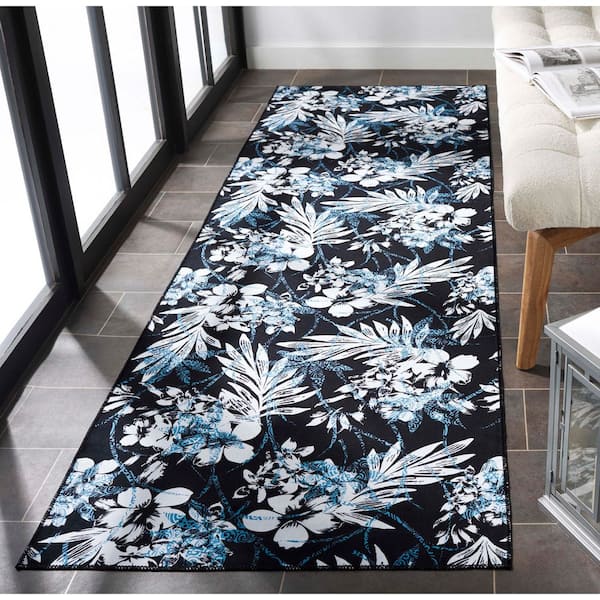 Malibu Black/Blue 3 ft. x 8 ft. Machine Washable Abstract Botanical Runner Rug