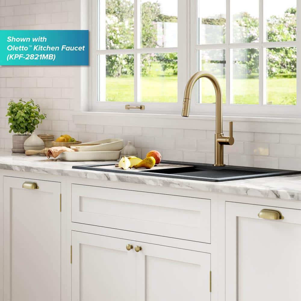 33 in. Metallic Black Granite Composite Single Bowl Kitchen Sink with Accessories