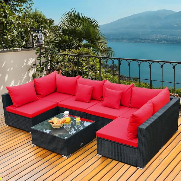 Boyel Living 7-Piece Wicker Outdoor Sectional Patio Sofa Set with Tempered Glass Top and Red Cushions
