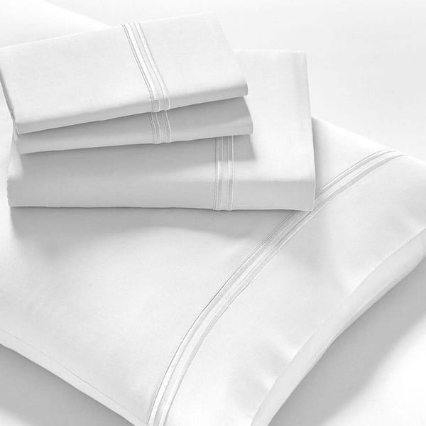 PRICELESS HOME 4-Piece White Striped 300 Thread Count Microfiber Queen Bed Sheets Set