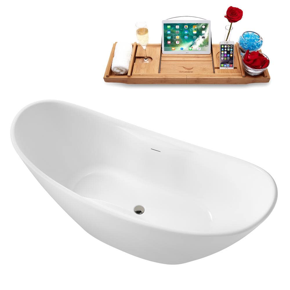 68" Glossy White Acrylic Double Slipper Freestanding Tub with Tray