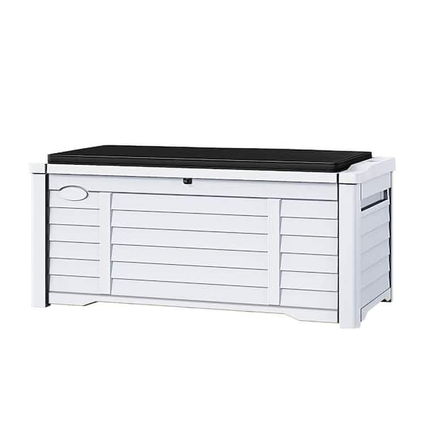 120 Gal. Large White Resin Deck Box with Cushion and Lockable Lid