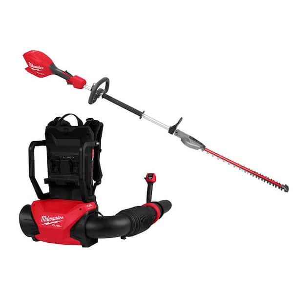 M18 FUEL 155 MPH 650 CFM 18V Brushless Cordless Dual Battery Backpack Leaf Blower w/ 20 in. Short Pole Hedge Trimmer