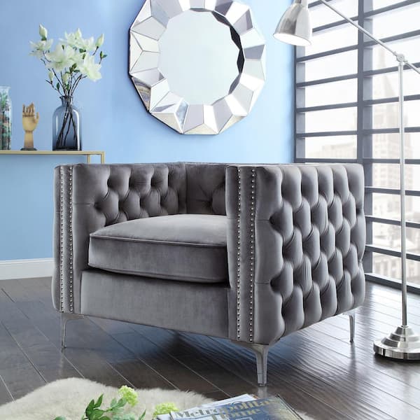 Inspired Home Olivia Velvet Club Arm Chair Grey Button Tufted Nailhead Trim Metal Y-Leg