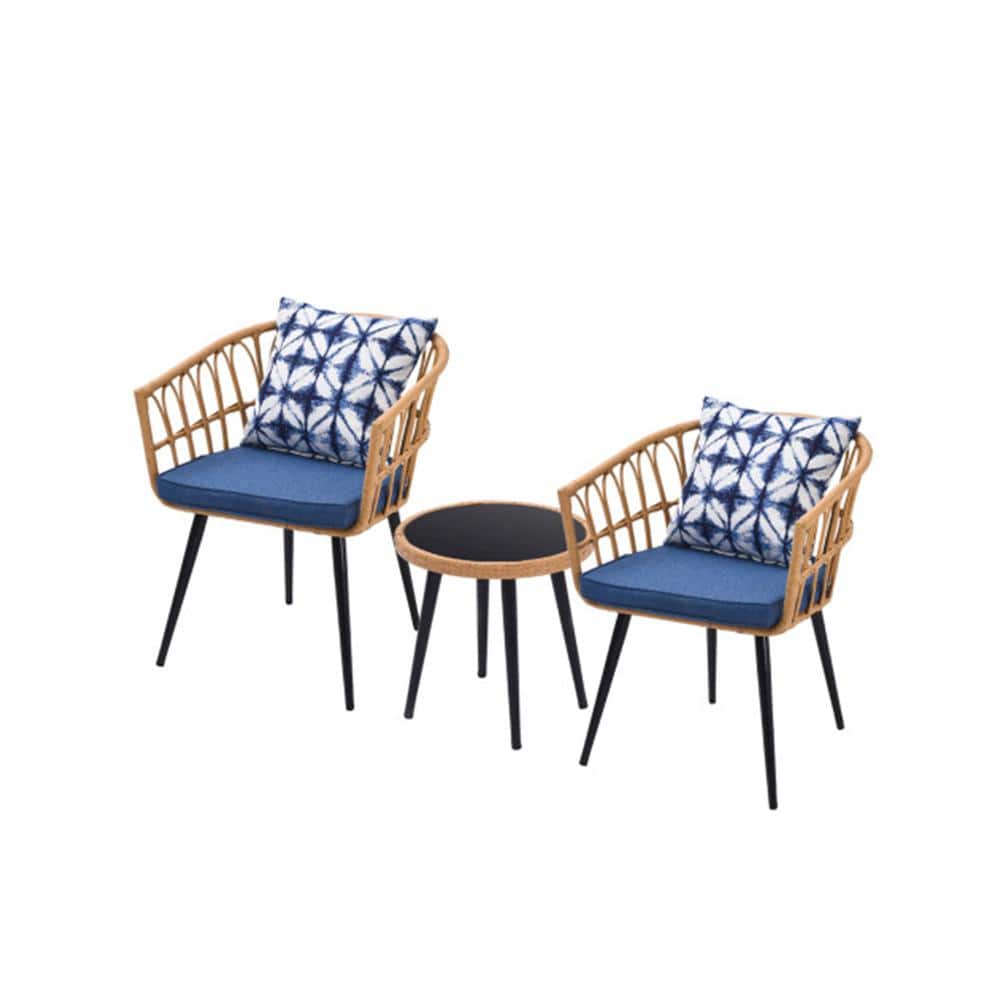 3 Piece Beige Wicker Outdoor Bistro Set with Table, Blue Cushions and Pillows for Garden, Backyard, Balcony or Poolside price history on PriceWatchPro