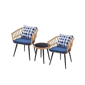 3 Piece Beige Wicker Outdoor Bistro Set with Table, Blue Cushions and Pillows for Garden, Backyard, Balcony or Poolside