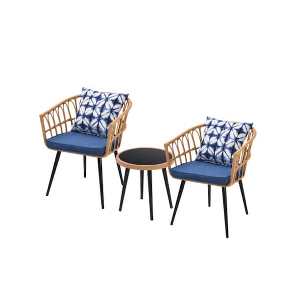 ITOPFOX 3 Piece Beige Wicker Outdoor Bistro Set with Table, Blue Cushions and Pillows for Garden, Backyard, Balcony or Poolside