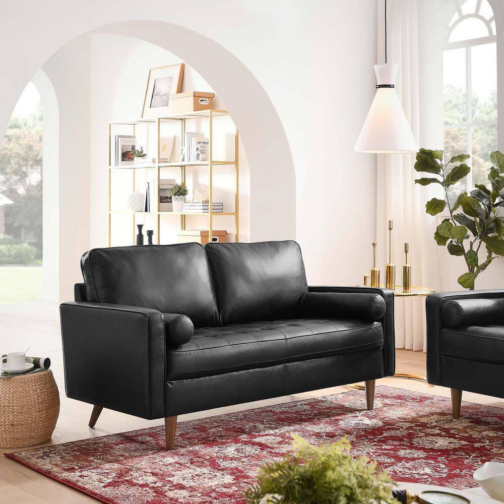 Mid-Century Modern Black Faux Leather Tufted Loveseat with Wood Legs