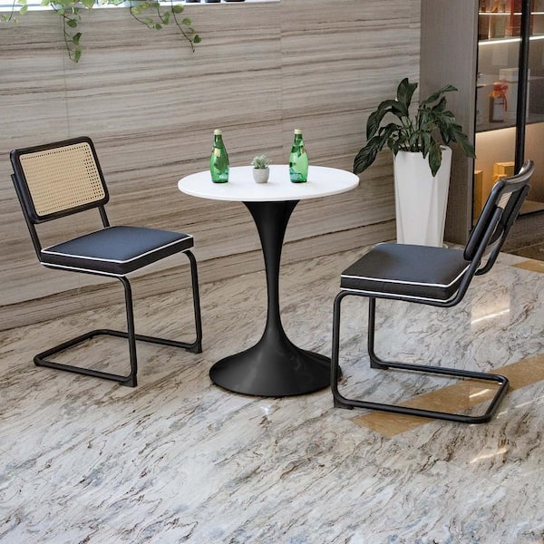 Outdoor Metal Upholstered Side Chair, Patio Modern Dining Chair with Rattan Backrest and Black Cushion, (Set of 2)