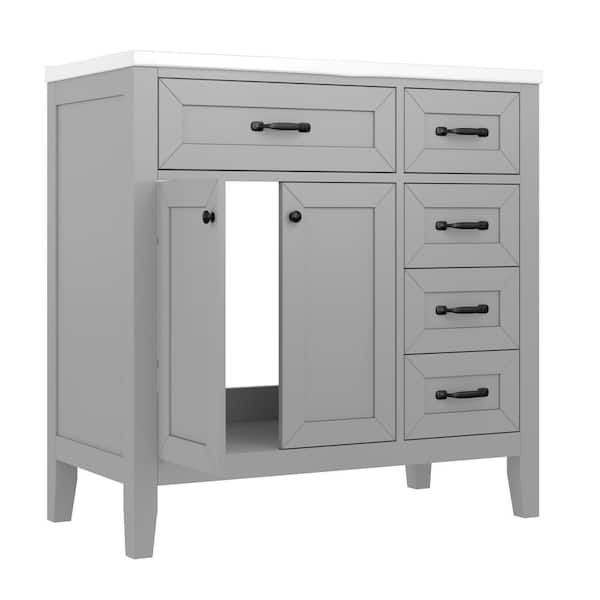 36.02 in. W x 18.31 in. D x 35.7 in. H Single Sink Freestanding Bath Vanity in Gray with White Ceramic Top