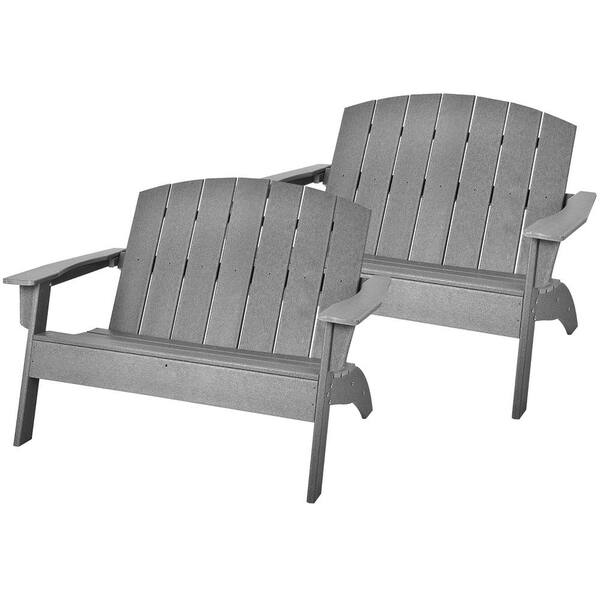 Costway 2Piece Grey Plastic Patio Adirondack Chair Loveseat Bench HDPE