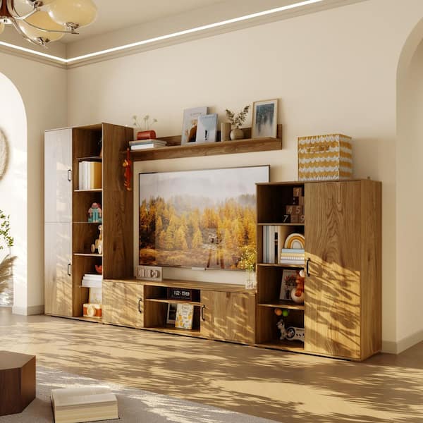 Yellow Wood Grain TV Stand Entertainment Center Fits TV's up to 60 in. W with 22 Shelves & 5 Doors