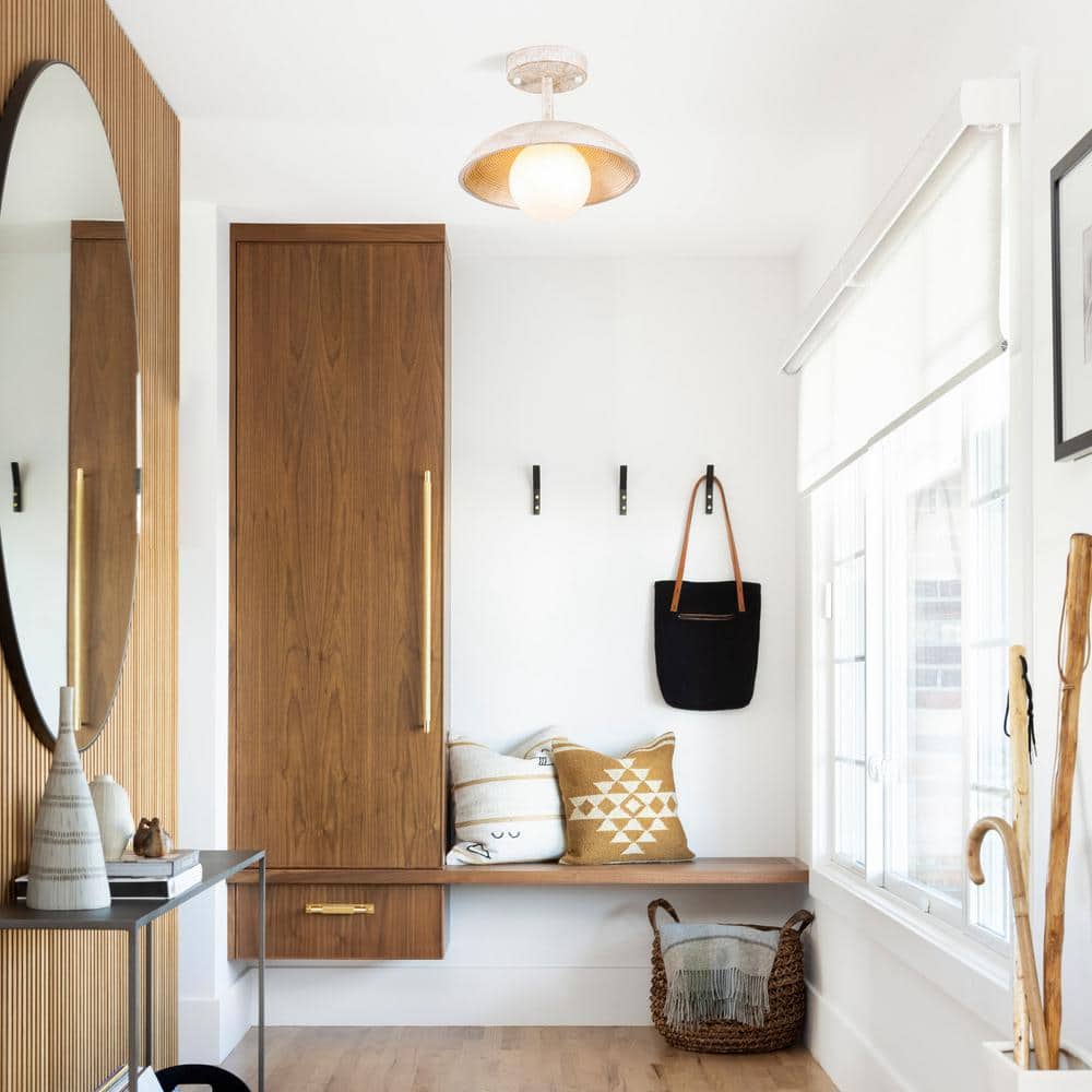 White Glass and Wood Farmhouse Semi-Flush Mount Light